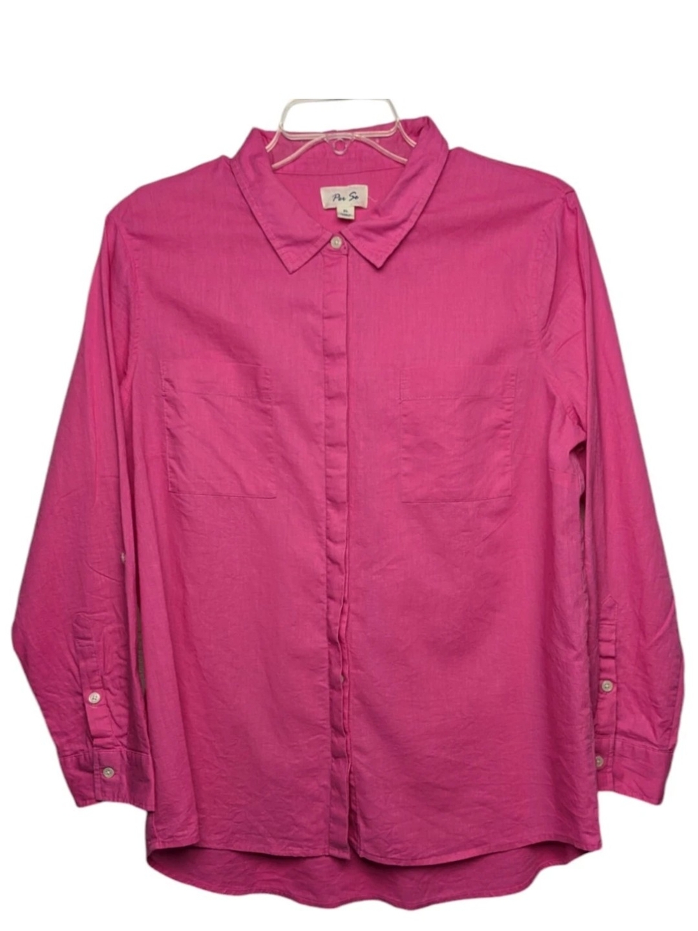 Per Se Hot Pink Button-Front Collared Linen Cotton Top